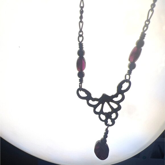 Italian Sterling Silver 925 18" Filigree Necklace Garnet Cabochon Drop KM Maker - Picture 4 of 14